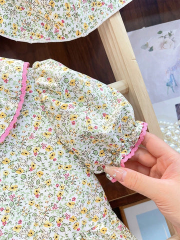 Young Girls' Sweet Puff Sleeve Printed Short Sleeve Dress With A-Line Hem And Turn-Down Collar, Summer