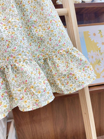 Young Girls' Sweet Puff Sleeve Printed Short Sleeve Dress With A-Line Hem And Turn-Down Collar, Summer