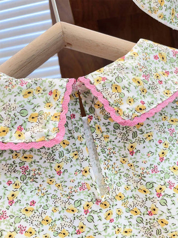 Young Girls' Sweet Puff Sleeve Printed Short Sleeve Dress With A-Line Hem And Turn-Down Collar, Summer