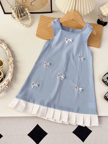 Young Girls Sweet Three-Dimensional Bow Sleeveless Hem Pleated Dress Suitable For Summer