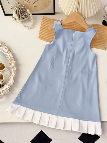 Young Girls Sweet Three-Dimensional Bow Sleeveless Hem Pleated Dress Suitable For Summer