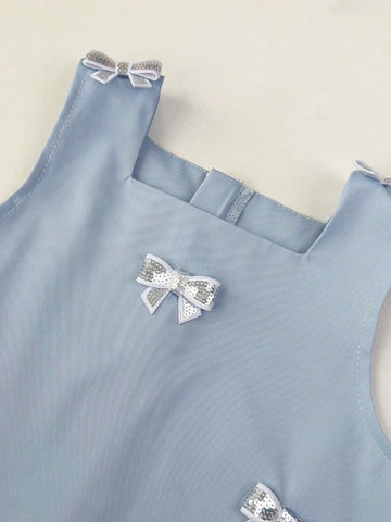 Young Girls Sweet Three-Dimensional Bow Sleeveless Hem Pleated Dress Suitable For Summer