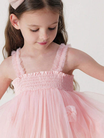 Young Girls' Sweet & 3D Flower Mesh Strap Princess Dress, Summer