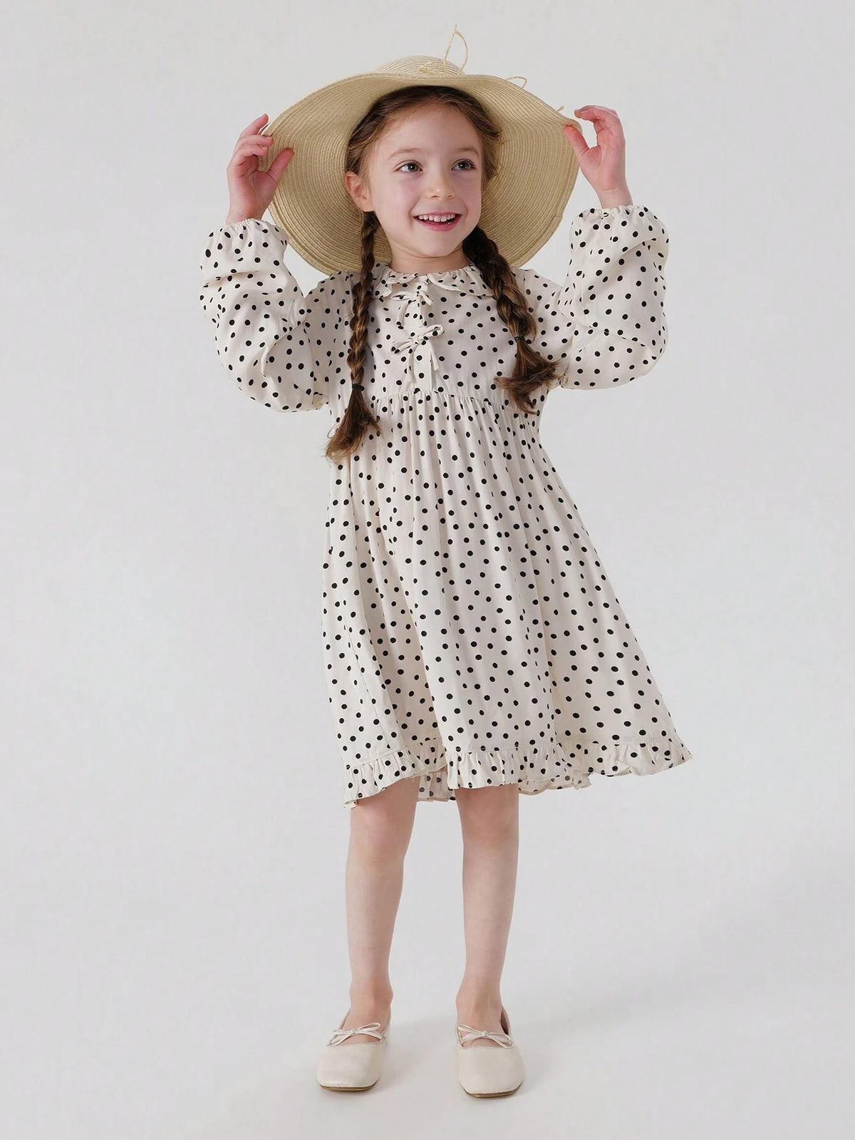 Young Girl's Sweet & Amusing Polka Dot Dress With Bow & Lace Neckline, Long Sleeve, Spring