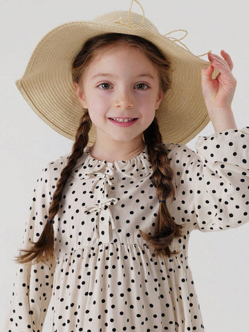 Young Girl's Sweet & Amusing Polka Dot Dress With Bow & Lace Neckline, Long Sleeve, Spring