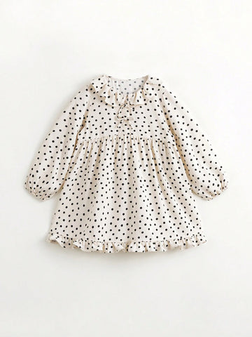 Young Girl's Sweet & Amusing Polka Dot Dress With Bow & Lace Neckline, Long Sleeve, Spring