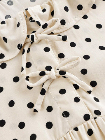 Young Girl's Sweet & Amusing Polka Dot Dress With Bow & Lace Neckline, Long Sleeve, Spring