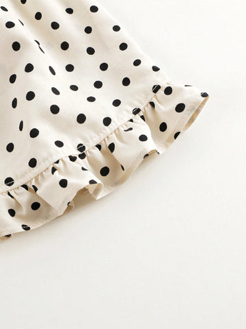 Young Girl's Sweet & Amusing Polka Dot Dress With Bow & Lace Neckline, Long Sleeve, Spring