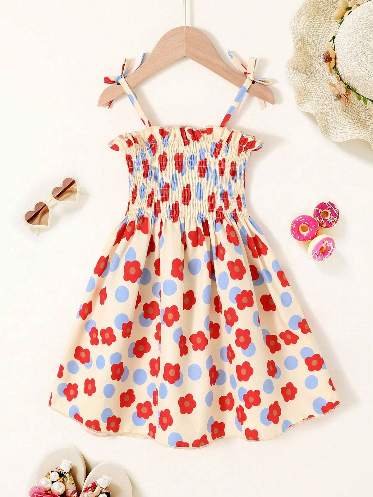 Young Girl's Sweet & Comfortable Printed Parallel Pleats Cami Dress With Floral & Polka Dot Design, Suitable For Summer Leisure, Vacation And Party