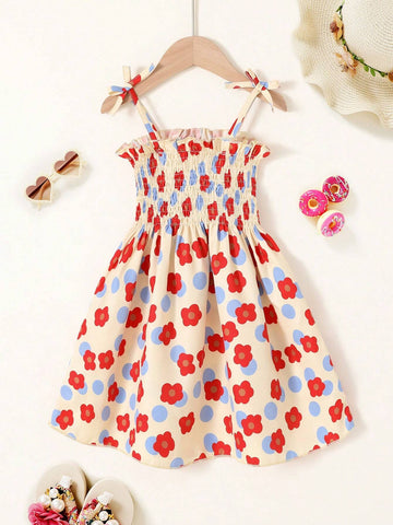 Young Girl's Sweet & Comfortable Printed Parallel Pleats Cami Dress With Floral & Polka Dot Design, Suitable For Summer Leisure, Vacation And Party