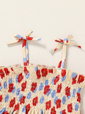 Young Girl's Sweet & Comfortable Printed Parallel Pleats Cami Dress With Floral & Polka Dot Design, Suitable For Summer Leisure, Vacation And Party