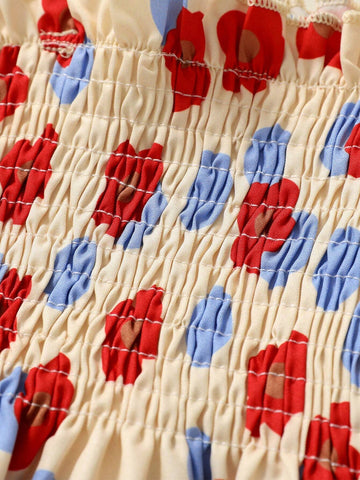 Young Girl's Sweet & Comfortable Printed Parallel Pleats Cami Dress With Floral & Polka Dot Design, Suitable For Summer Leisure, Vacation And Party