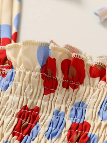 Young Girl's Sweet & Comfortable Printed Parallel Pleats Cami Dress With Floral & Polka Dot Design, Suitable For Summer Leisure, Vacation And Party