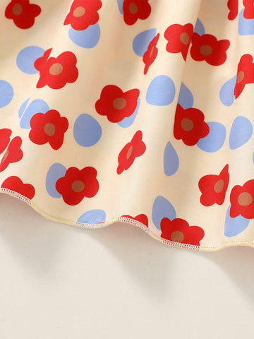 Young Girl's Sweet & Comfortable Printed Parallel Pleats Cami Dress With Floral & Polka Dot Design, Suitable For Summer Leisure, Vacation And Party