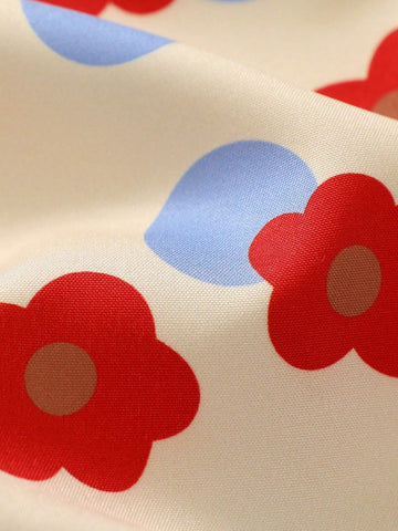 Young Girl's Sweet & Comfortable Printed Parallel Pleats Cami Dress With Floral & Polka Dot Design, Suitable For Summer Leisure, Vacation And Party