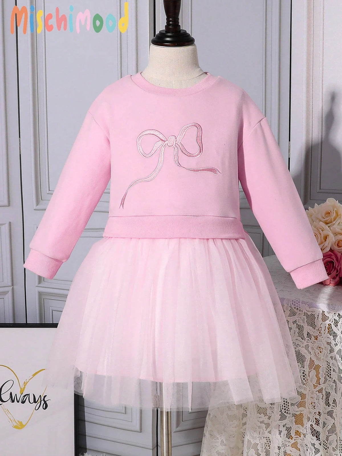 Young Girls Sweet & Cute Pink Bow Embroidery Mesh Patchwork Party Dress