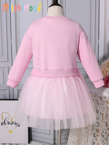 Young Girls Sweet & Cute Pink Bow Embroidery Mesh Patchwork Party Dress