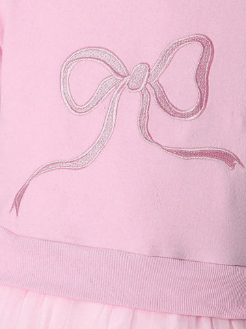 Young Girls Sweet & Cute Pink Bow Embroidery Mesh Patchwork Party Dress