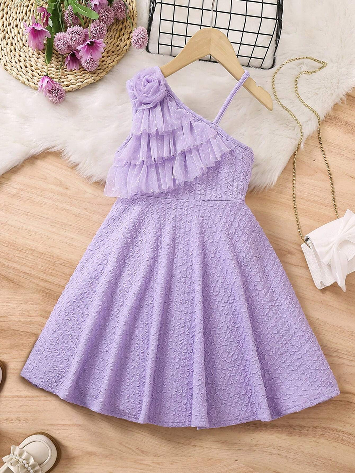 Young Girl's Sweet & Lovely Casual & Vacation & Simple & Comfortable Dress With 3d Floral Detail, Sleeveless & One Shoulder