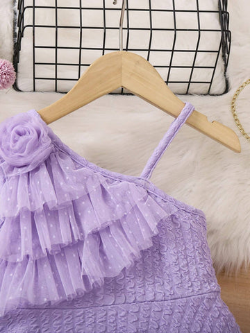 Young Girl's Sweet & Lovely Casual & Vacation & Simple & Comfortable Dress With 3d Floral Detail, Sleeveless & One Shoulder