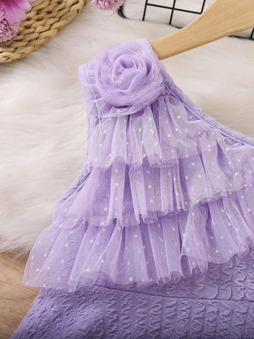 Young Girl's Sweet & Lovely Casual & Vacation & Simple & Comfortable Dress With 3d Floral Detail, Sleeveless & One Shoulder