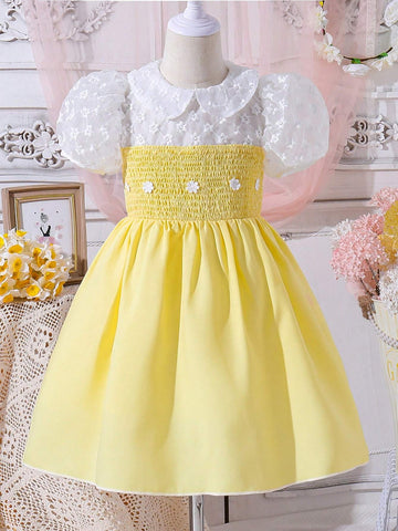 Young Girls' Sweet & Lovely Doll Collar Short Puff Sleeve Casual Holiday Simple & Comfortable Dress