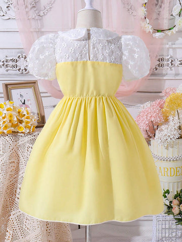 Young Girls' Sweet & Lovely Doll Collar Short Puff Sleeve Casual Holiday Simple & Comfortable Dress