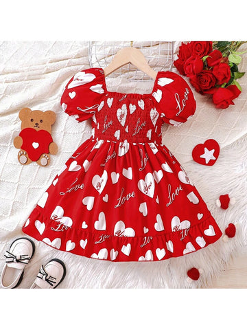 Young Girls' Sweetheart Neck Bubble Sleeve Heart Print Dress For Summer