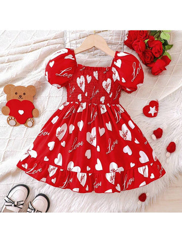 Young Girls' Sweetheart Neck Bubble Sleeve Heart Print Dress For Summer