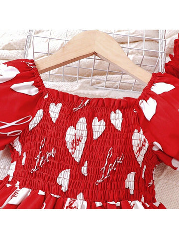 Young Girls' Sweetheart Neck Bubble Sleeve Heart Print Dress For Summer