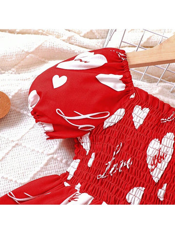 Young Girls' Sweetheart Neck Bubble Sleeve Heart Print Dress For Summer