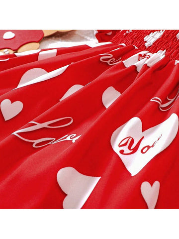 Young Girls' Sweetheart Neck Bubble Sleeve Heart Print Dress For Summer