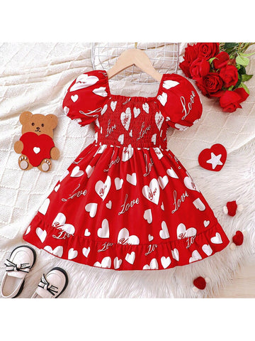 Young Girls' Sweetheart Neck Bubble Sleeve Heart Print Dress For Summer