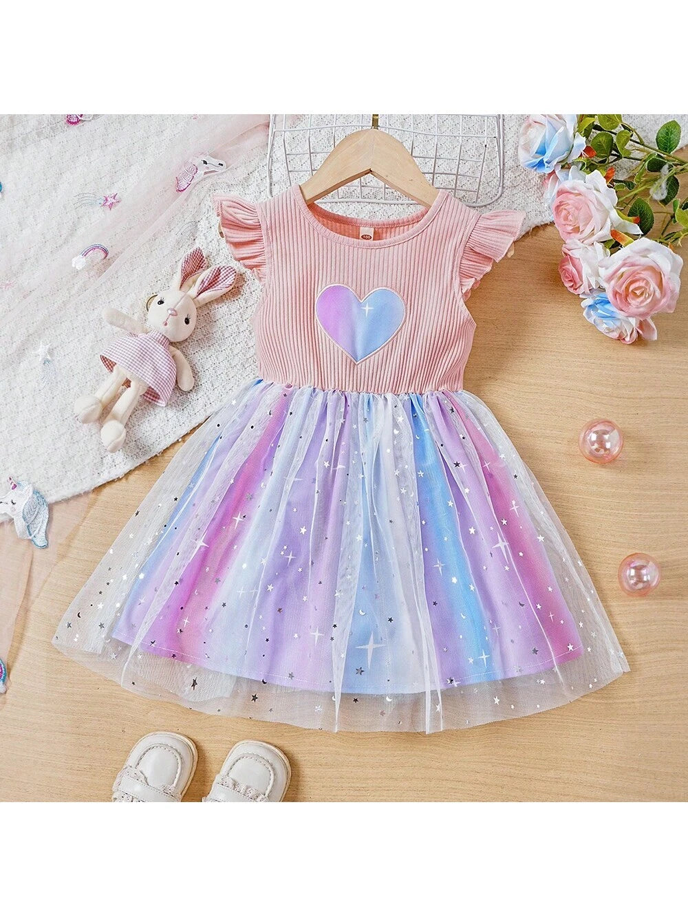 Young Girls' Sweetheart Neck Ombre Color Shiny Heart & Star Patchwork Mesh Flutter Sleeve Dress For Summer
