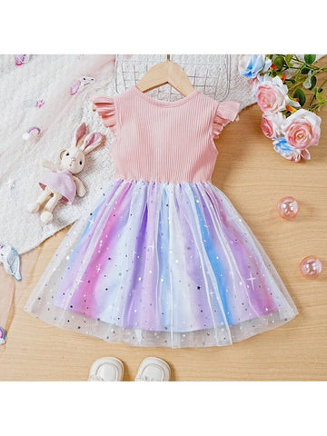Young Girls' Sweetheart Neck Ombre Color Shiny Heart & Star Patchwork Mesh Flutter Sleeve Dress For Summer