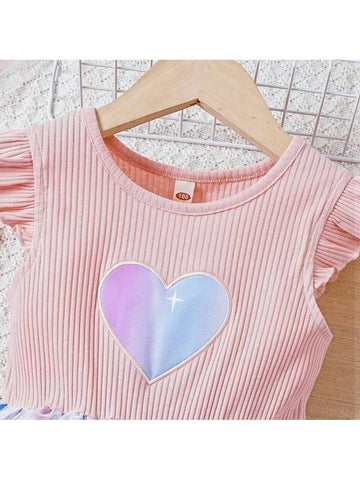 Young Girls' Sweetheart Neck Ombre Color Shiny Heart & Star Patchwork Mesh Flutter Sleeve Dress For Summer