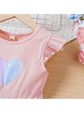 Young Girls' Sweetheart Neck Ombre Color Shiny Heart & Star Patchwork Mesh Flutter Sleeve Dress For Summer