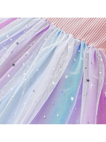 Young Girls' Sweetheart Neck Ombre Color Shiny Heart & Star Patchwork Mesh Flutter Sleeve Dress For Summer
