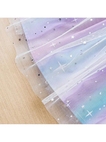 Young Girls' Sweetheart Neck Ombre Color Shiny Heart & Star Patchwork Mesh Flutter Sleeve Dress For Summer