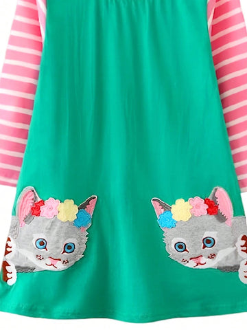 Young Girls' Thanksgiving Cute Cartoon Cat Patchwork Stripe Casual Dress