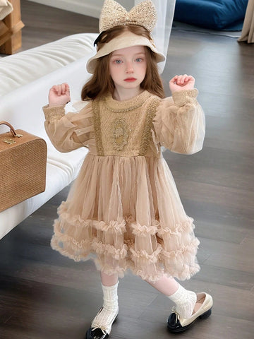 Young Girls Thickened Dress, Sequin & Mesh Princess Dress, Fashion For Autumn & Winter