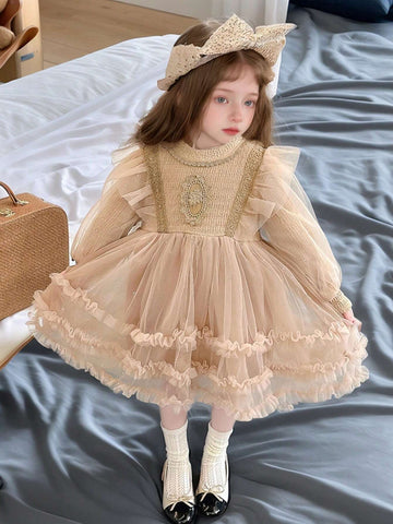 Young Girls Thickened Dress, Sequin & Mesh Princess Dress, Fashion For Autumn & Winter