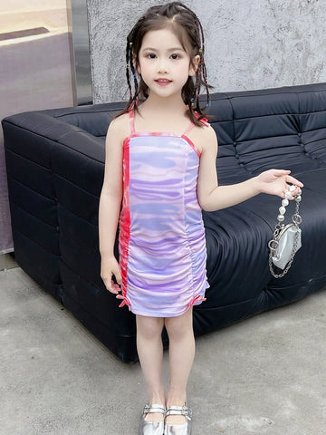 Young Girls' Tie-Dye Pleated Drawstring Strap Dress