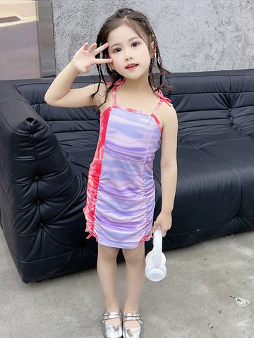 Young Girls' Tie-Dye Pleated Drawstring Strap Dress