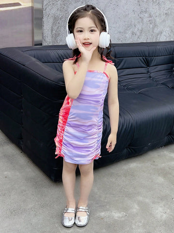 Young Girls' Tie-Dye Pleated Drawstring Strap Dress