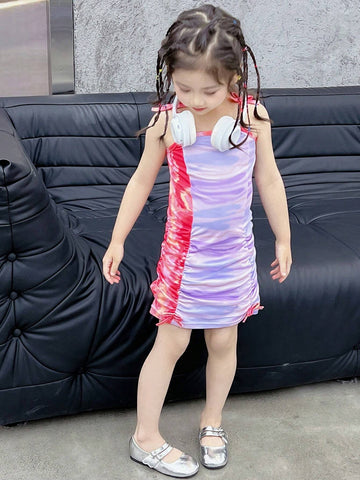 Young Girls' Tie-Dye Pleated Drawstring Strap Dress