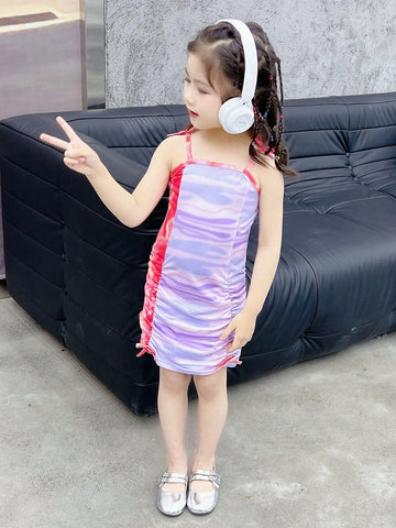 Young Girls' Tie-Dye Pleated Drawstring Strap Dress