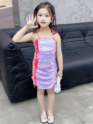 Young Girls' Tie-Dye Pleated Drawstring Strap Dress