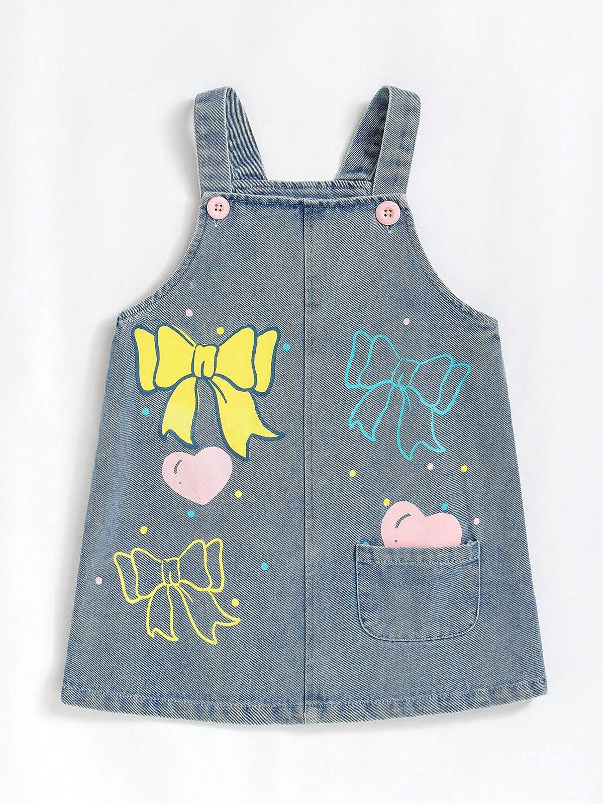 Young Girls Toddler Cute Bow & Heart Print Pocket Overall A-Line Denim Dress, Versatile Fashion Casual Outfit Suitable For All Seasons