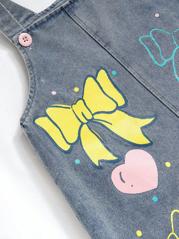 Young Girls Toddler Cute Bow & Heart Print Pocket Overall A-Line Denim Dress, Versatile Fashion Casual Outfit Suitable For All Seasons